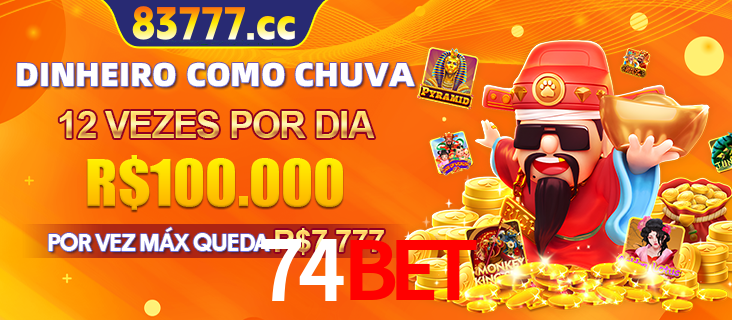 Banner do programa de recompensas Recomende para amigos do 74bet, detalhando os bônus por convidar amigos, com prêmios que chegam a R$288.888.