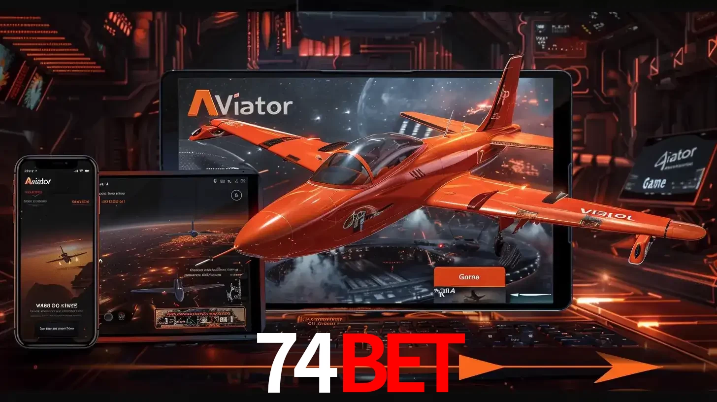 Apresentação tecnológica do jogo Aviator com um avião saindo da tela de um tablet, demonstrando a experiência imersiva em múltiplos dispositivos no 74bet.