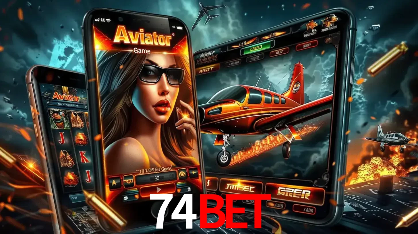 O popular jogo de apostas Aviator exibido em vários celulares e tablets, mostrando a interface emocionante e a ação de voo disponíveis para jogar agora no 74bet.