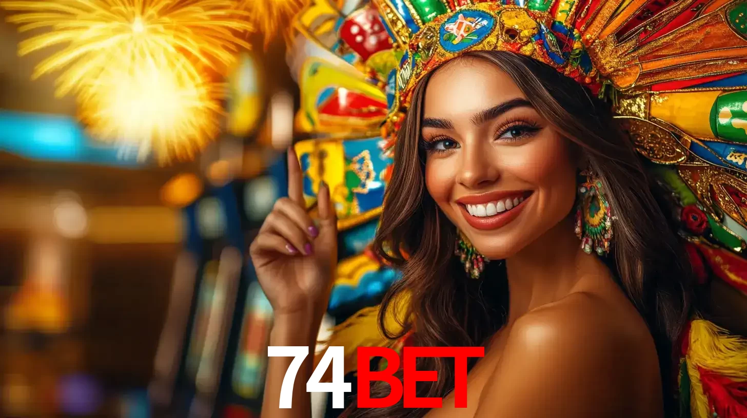 Mulher sorridente com um cocar de carnaval vibrante e colorido, celebrando uma grande vitória nos jogos do cassino 74bet com fogos de artifício ao fundo.