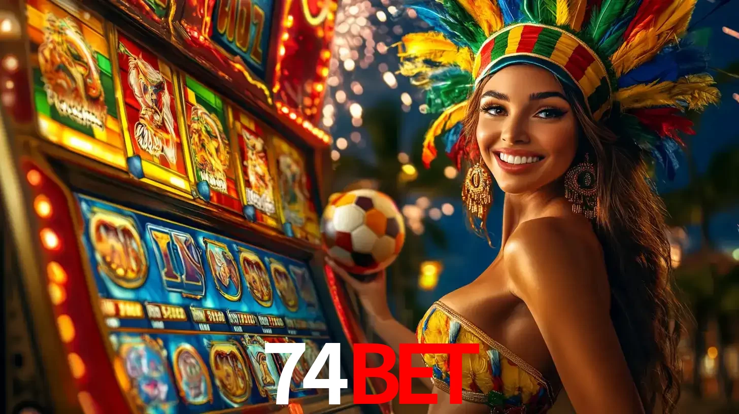 Mulher com um cocar de carnaval ao lado de uma máquina de caça-níqueis enquanto segura uma bola de futebol, mostrando a união da diversão de cassino e esportes no 74bet.