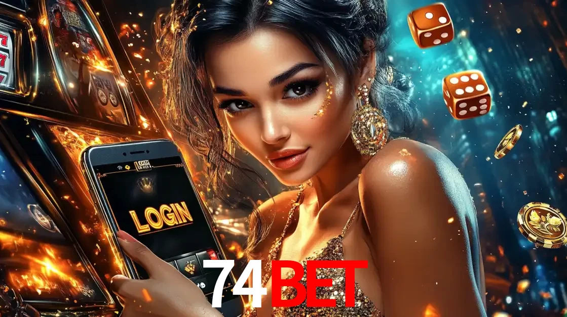 Mulher glamourosa segurando um celular com a tela de login do cassino 74bet, rodeada por dados e moedas douradas, pronta para começar a diversão.