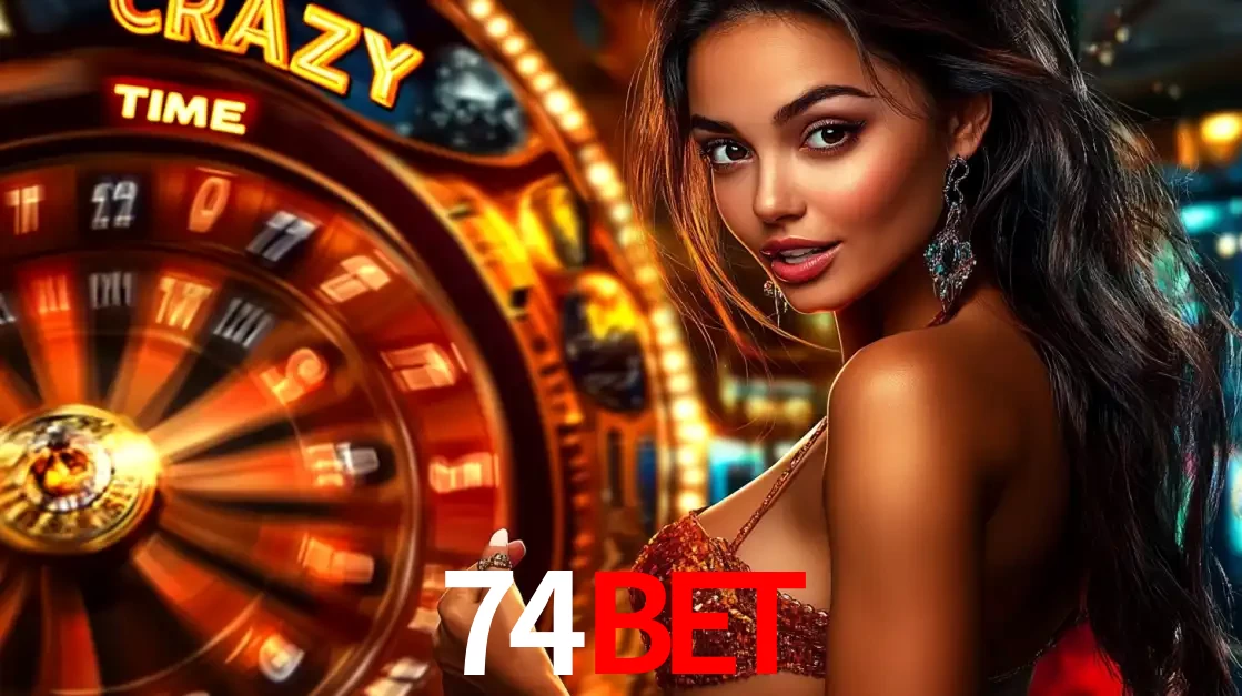 Mulher ao lado da roda de prêmios do jogo de cassino ao vivo Crazy Time, um dos shows de jogos mais emocionantes oferecidos pela plataforma de apostas 74bet.