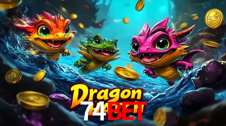 Arte promocional do jogo Dragon Hatch com três adoráveis dragões bebês nadando entre moedas de ouro, um dos slots mais divertidos para jogar no cassino 74bet.