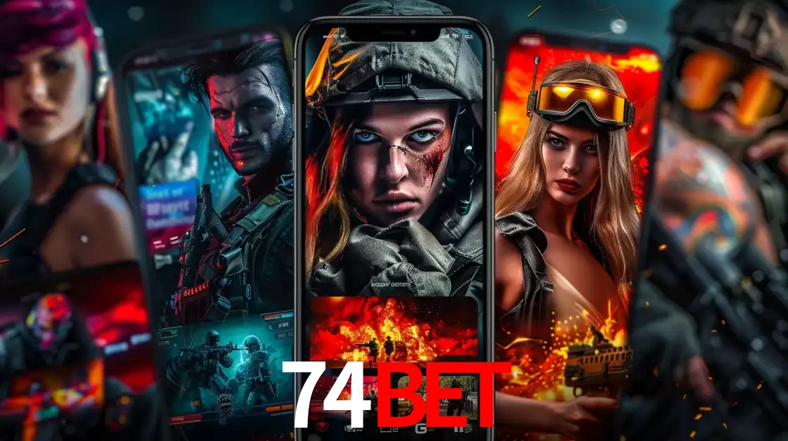 Montagem de telas de celular mostrando diversos personagens, masculinos e femininos, de um jogo de tiro, ilustrando a diversidade de equipes de e-sports para apostar no 74bet.
