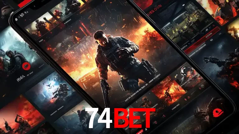 Tela de um celular exibindo uma galeria de jogos de tiro com temática militar, mostrando a variedade de e-sports disponíveis para apostas na plataforma de entretenimento 74bet.