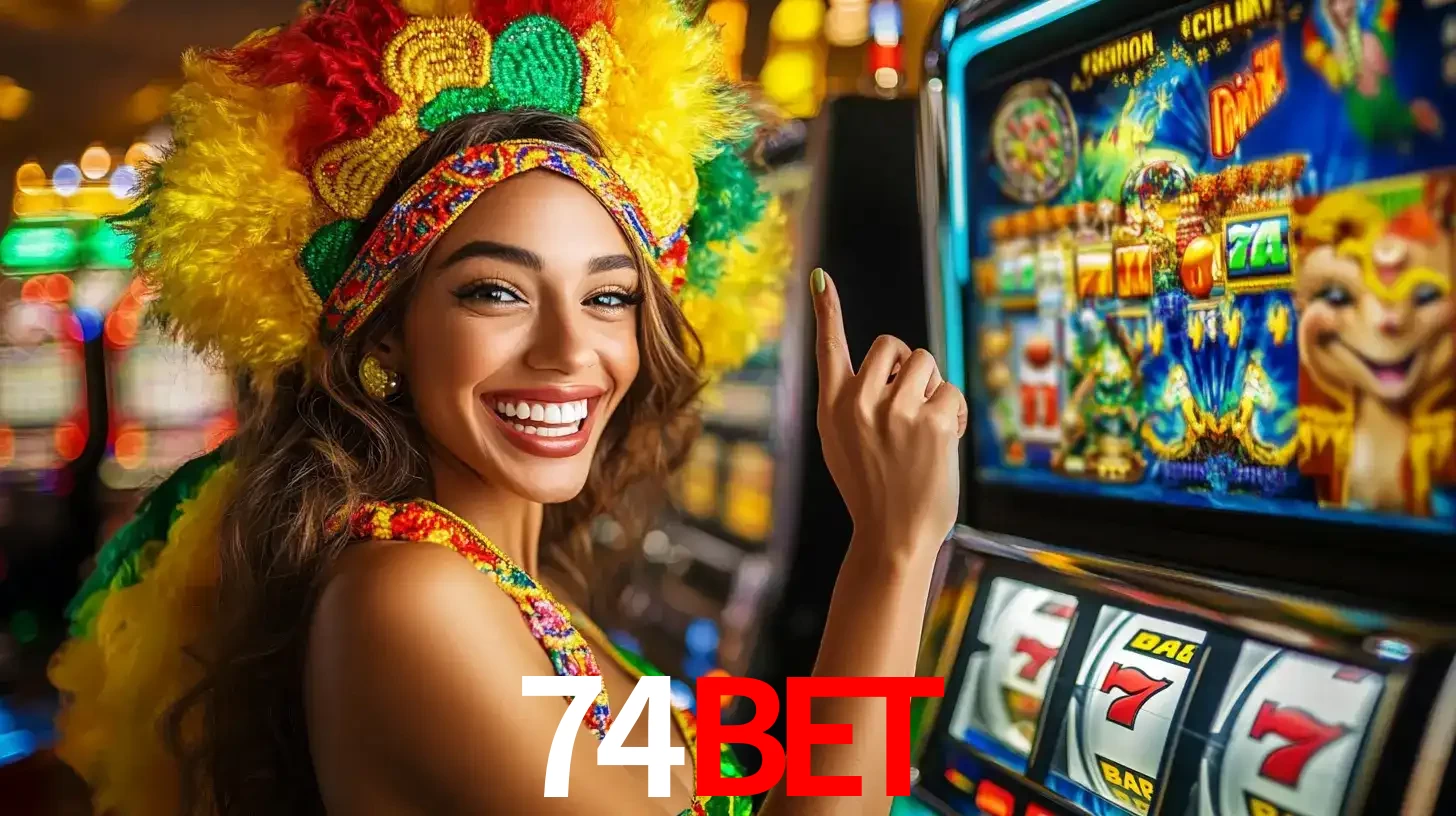 Mulher animada com um cocar de carnaval apontando para uma máquina de caça-níqueis, mostrando a emoção de ganhar um grande prêmio nos jogos do 74bet.