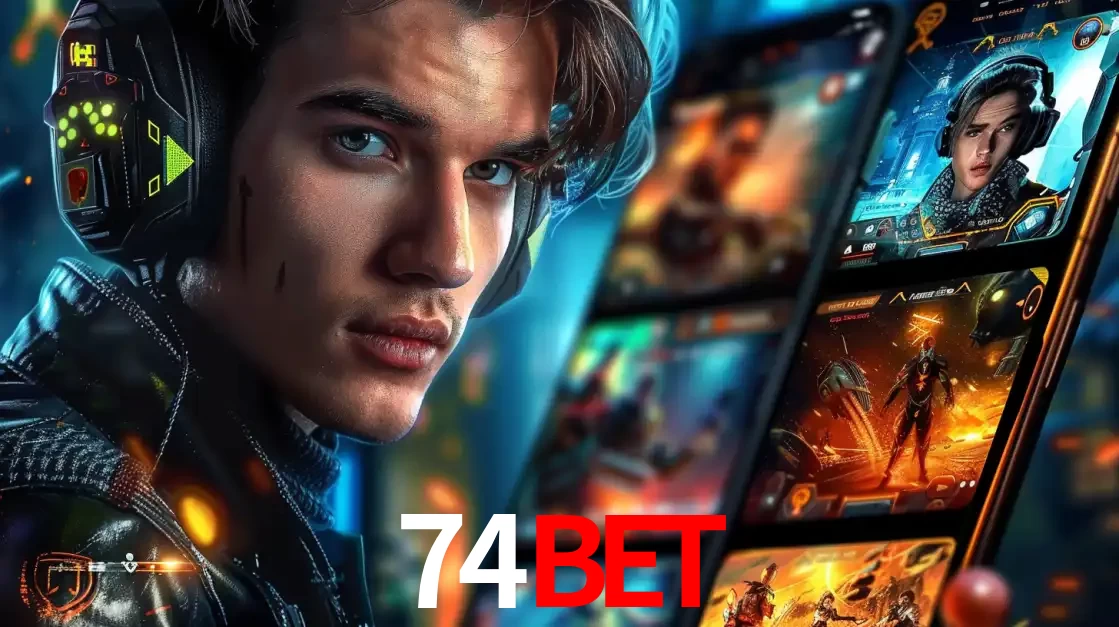 Jovem jogador com fones de ouvido olhando para a câmera, com um aplicativo de jogos e e-sports para celular ao fundo, pronto para a competição e apostas no 74bet.