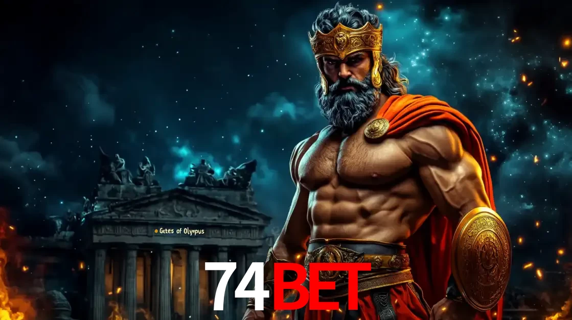 O poderoso Zeus do jogo de slot Gates of Olympus em frente ao seu templo, pronto para lançar multiplicadores divinos e prêmios épicos no cassino online 74bet.