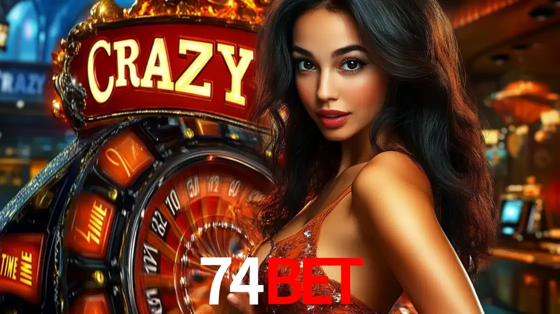 Mulher glamourosa olhando para a câmera com a roda vermelha do Crazy Time ao fundo em um ambiente de cassino, destacando a emoção dos jogos ao vivo no 74bet.