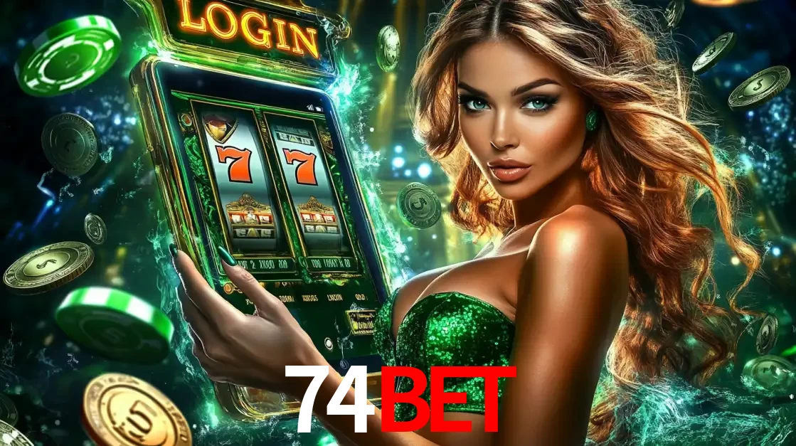 Mulher com tema verde apresentando o aplicativo do cassino 74bet com um jogo de slot de 777, cercada por fichas de cassino e uma aura de sorte.