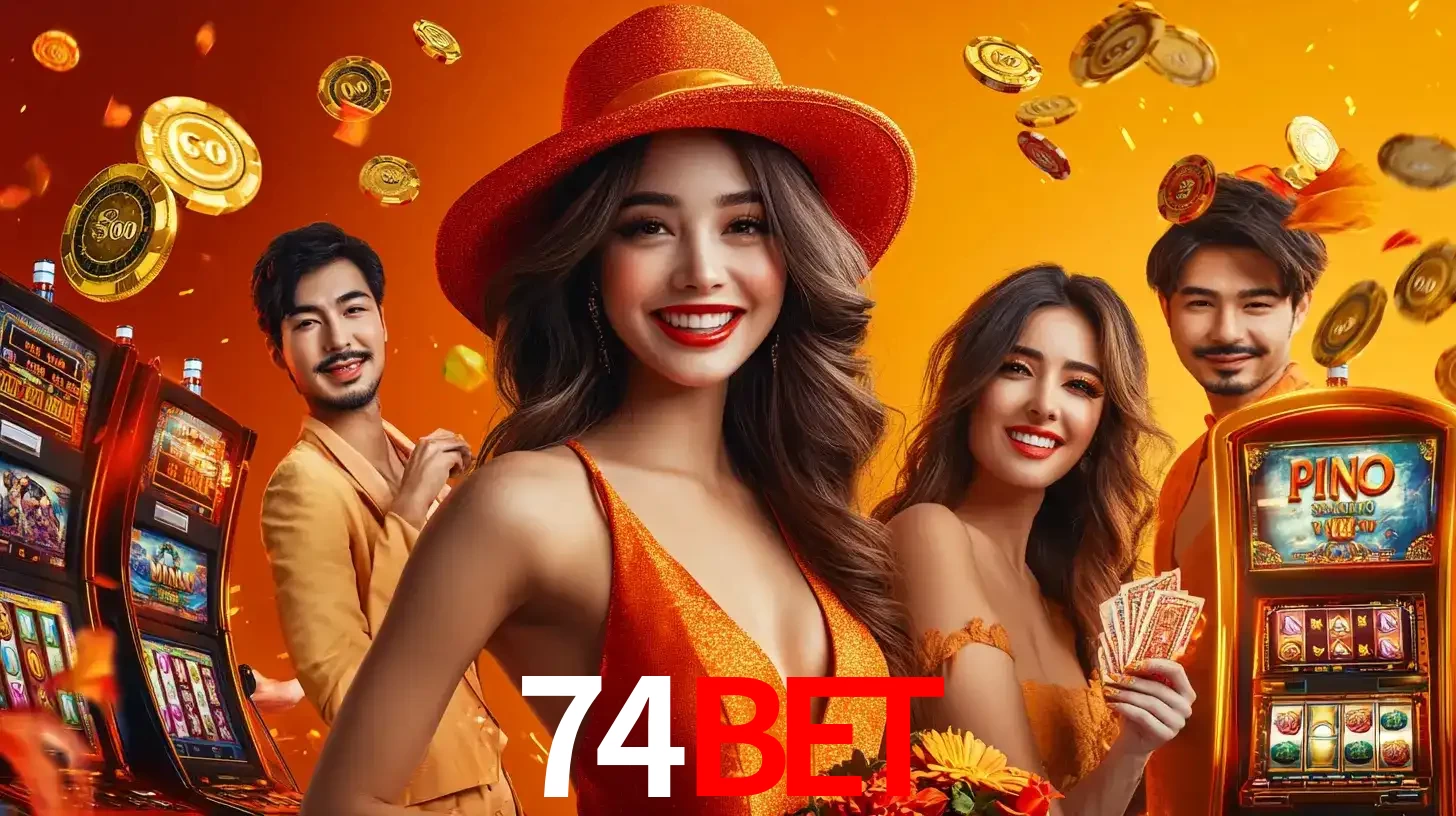 Grupo de amigos asiáticos sorrindo e se divertindo com máquinas de caça-níqueis em um ambiente festivo, celebrando suas vitórias nos jogos de cassino do 74bet.
