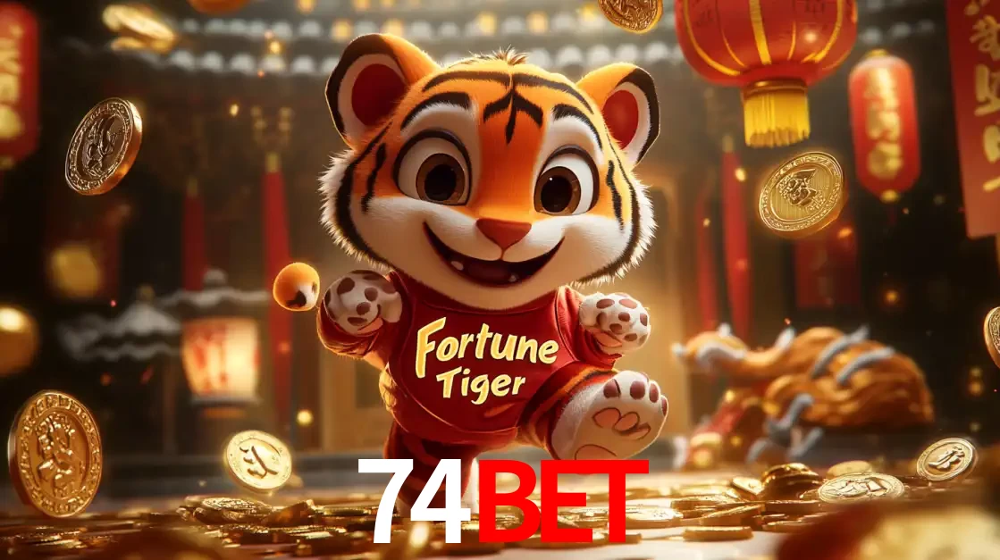 O alegre personagem do Fortune Tiger correndo sobre um caminho de moedas de ouro, simbolizando os grandes prêmios e a diversão do popular jogo de slot do 74bet.