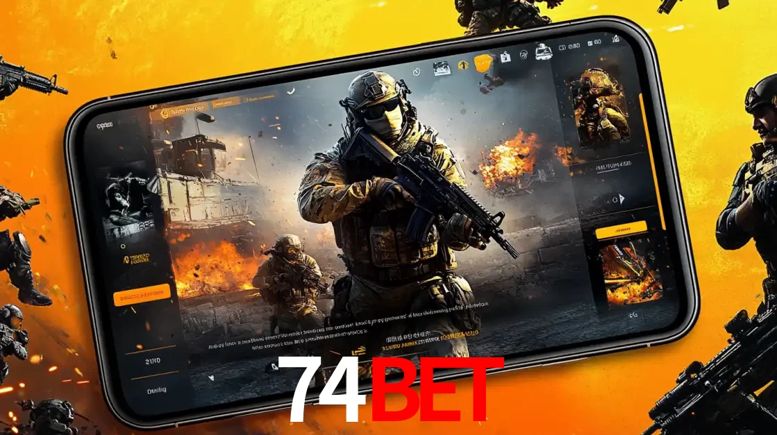 Um smartphone exibindo a interface de um jogo de tiro em primeira pessoa, com um soldado em um cenário de batalha, representando a ação dos e-sports para apostar no 74bet.