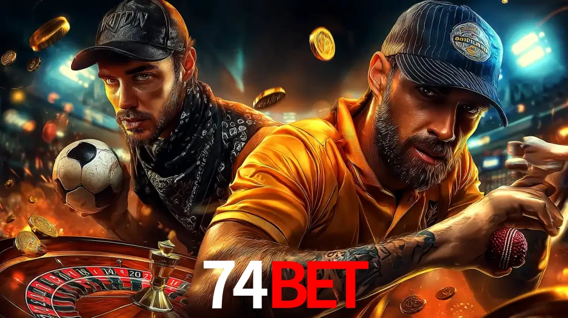 Montagem de apostas esportivas e cassino no 74bet, com um homem segurando uma bola de futebol e outro uma de beisebol sobre uma roleta e moedas voadoras.