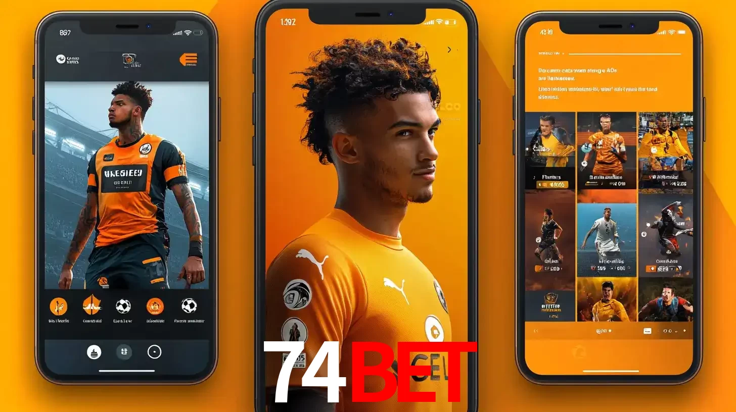 Interface do aplicativo de apostas esportivas 74bet em três telas de celular, mostrando o perfil de um jogador de futebol e a lista de jogos disponíveis para apostar.