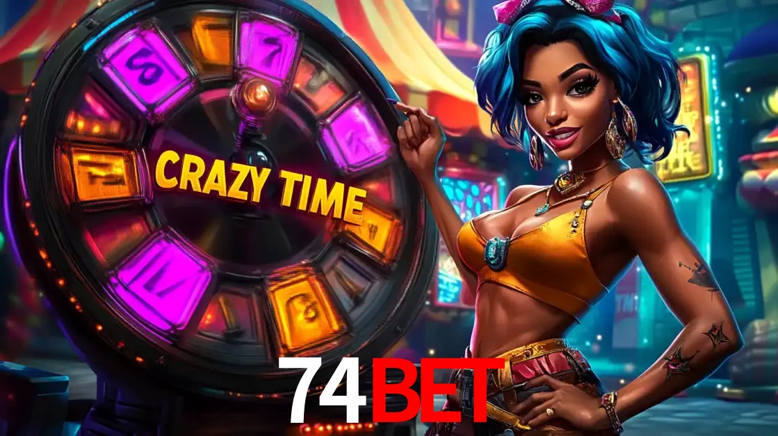 Mulher estilizada com cabelo azul e visual vibrante posando ao lado da roda de prêmios do game show Crazy Time, convidando para a diversão e os bônus do cassino 74bet.