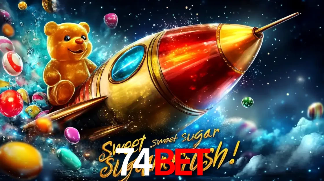 Arte promocional do jogo de slot Sugar Rush, com um urso de pelúcia em um foguete viajando pelo espaço de doces, um dos jogos divertidos disponíveis no cassino 74bet.