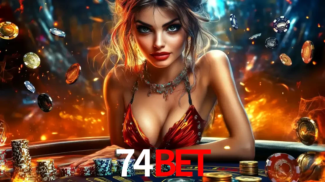Mulher em uma mesa de cassino com pilhas de fichas e um fundo de fogo, pronta para uma rodada de altas apostas nos jogos de mesa emocionantes do cassino 74bet.