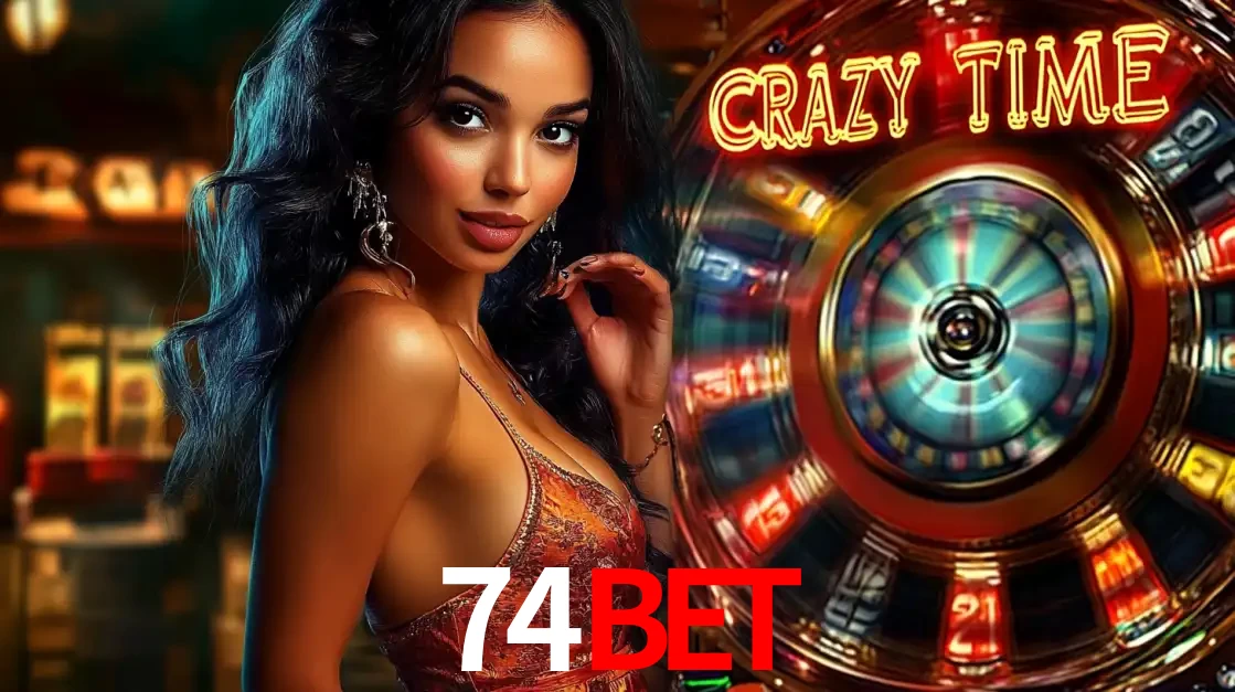 Mulher elegante ao lado da vibrante roda da fortuna do jogo de cassino ao vivo Crazy Time, um dos game shows mais populares e cheios de prêmios do 74bet.