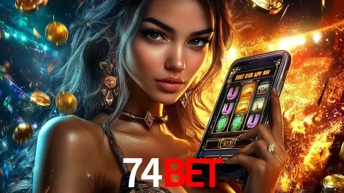 Mulher elegante mostrando um jogo de caça-níqueis em seu smartphone, destacando a experiência de cassino móvel oferecida pelo aplicativo 74bet.