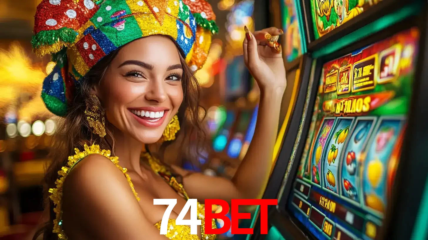 Mulher feliz com traje de carnaval amarelo e colorido ao lado de uma máquina de caça-níqueis, aproveitando a diversão e os jogos temáticos do cassino 74bet.