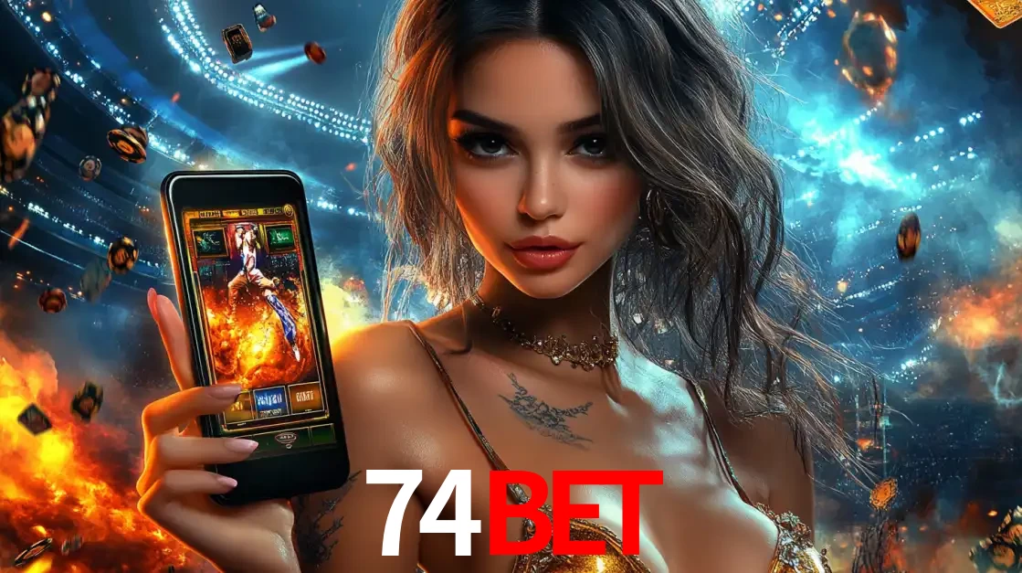 Mulher segurando um celular com um jogo de slot em destaque, tendo como fundo um estádio vibrante, simbolizando a emoção de jogar no cassino móvel 74bet.