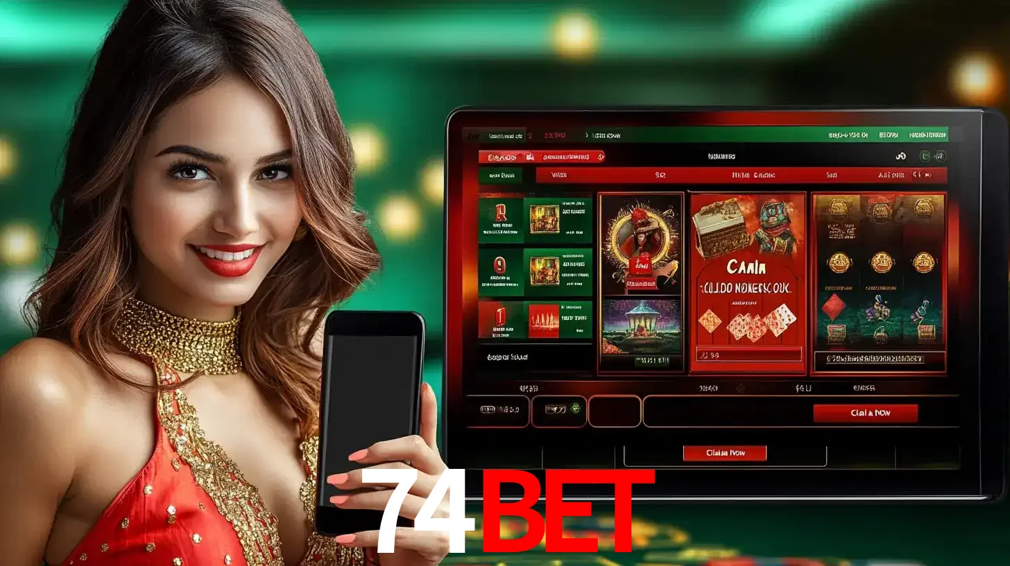 Mulher sorridente segurando um smartphone, ao lado de uma tela exibindo o lobby de jogos do cassino online 74bet, com várias opções de jogos de cartas e slots.